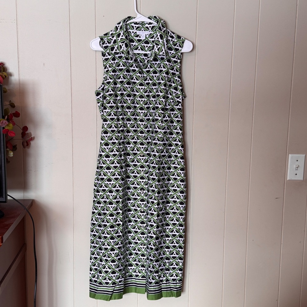 Charter Club Green Geometric Sleeveless Cotton Shirt Dress Midi Sz 12‎ Button Up